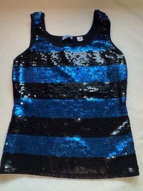 Blue Black Sequin Silk Tank Top Y2K Disco Glam Party Going Out Medium